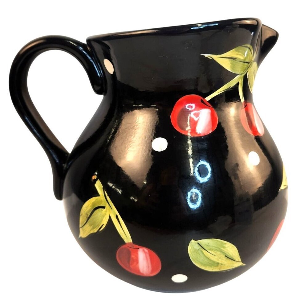 Tabletops Gallery Boulevard Hand Painted Black Ceramic Pitcher With Cherry & Pol